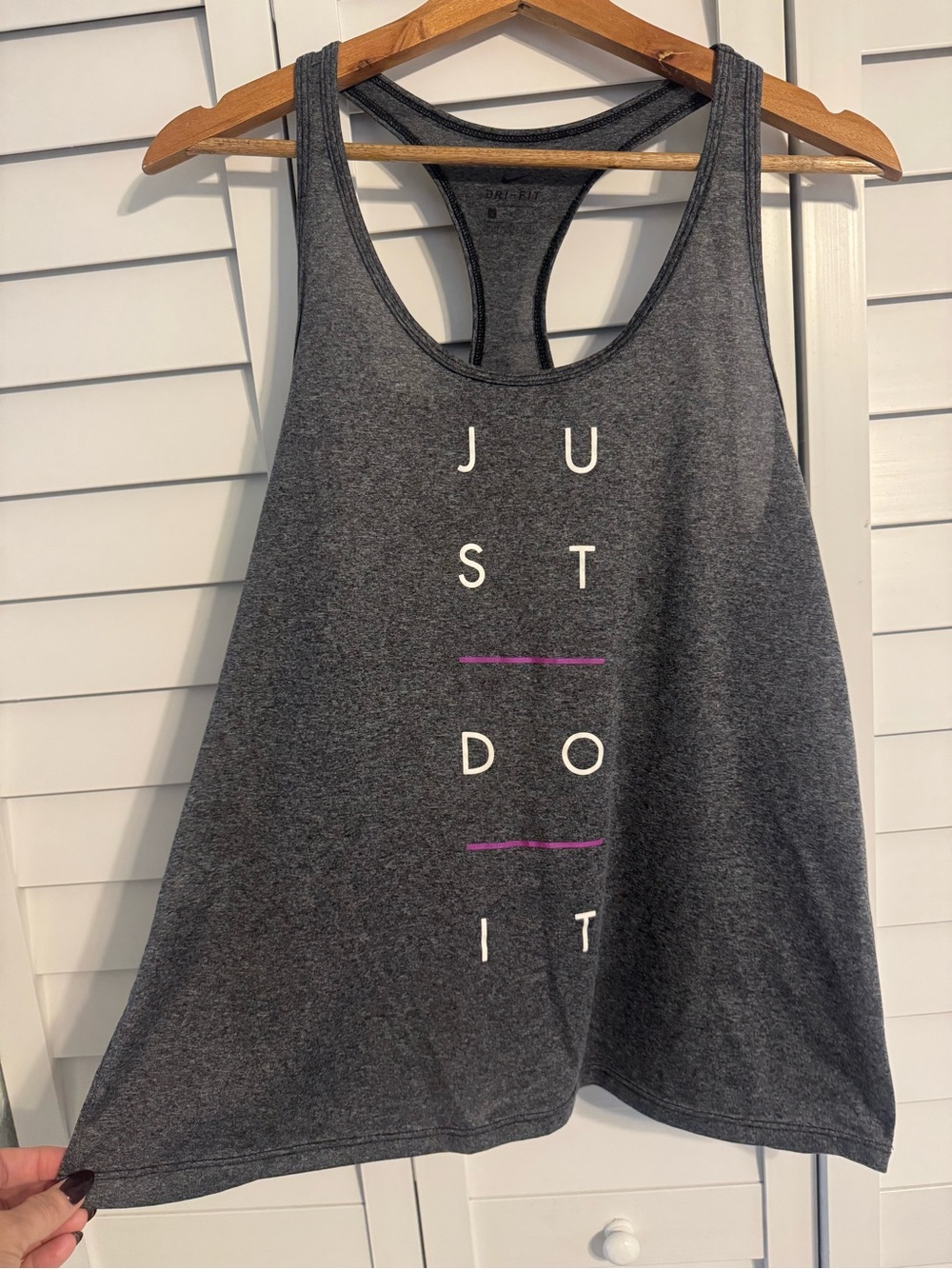 Nike Gray Racerback Dri- Fit Tank with White "JUST DO IT" and Purple Accents